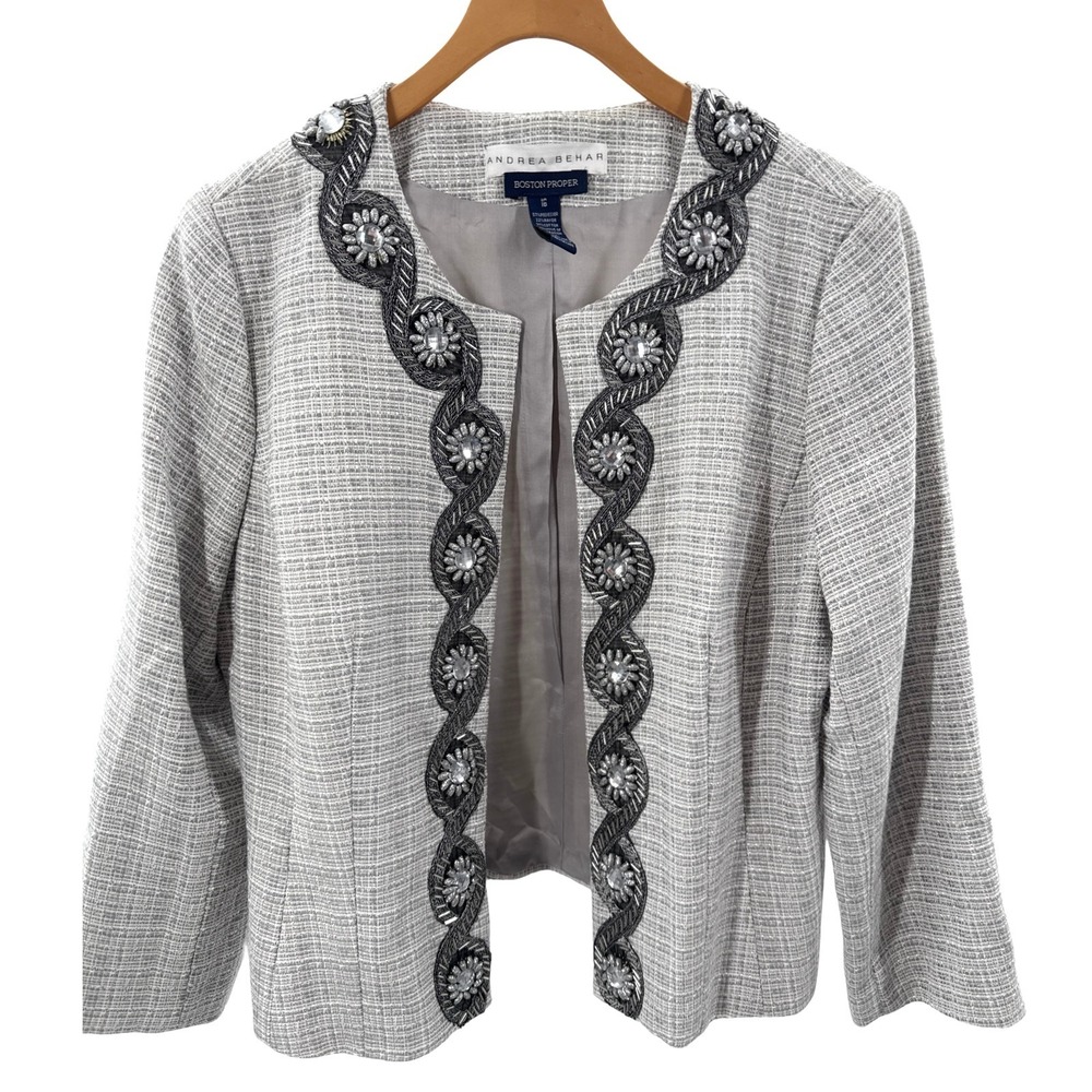 Boston Proper Andrea Behar Lady Jacket Size 16 Beaded Embellished Tweed Blazer